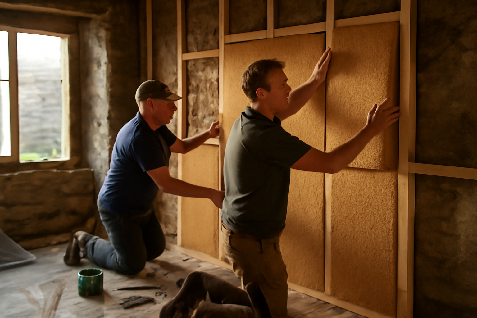 isolant biosourcé en fibre de bois sur chantier breton, pose sur ossature