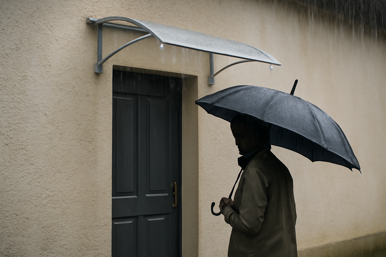 Marquise de porte au-dessus d’une entrée de maison en Bretagne, pluie battante visible sur la façade