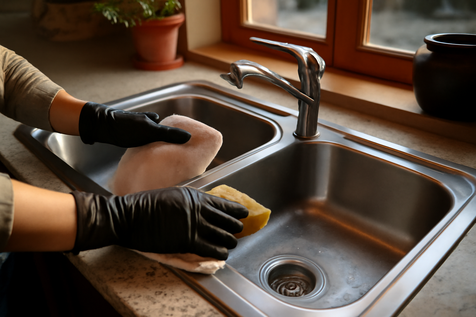 Nettoyage inox sur évier en cuisine bretonne, microfibre et produit doux