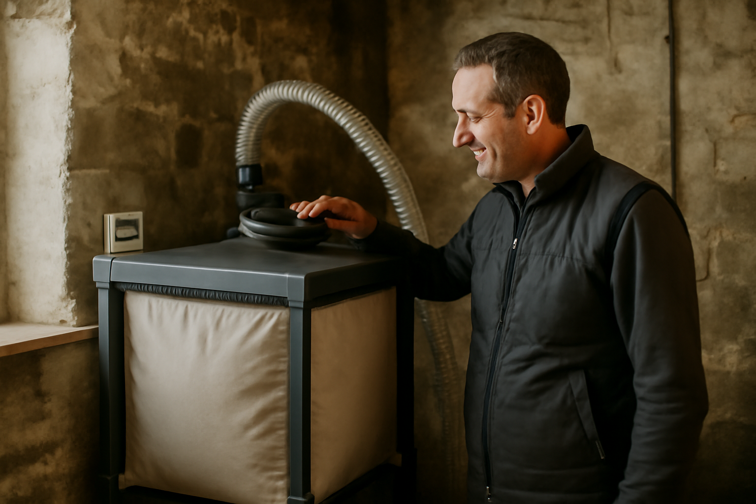 stockage pellet interieur dans une buanderie bretonne avec silo et ventilation visible