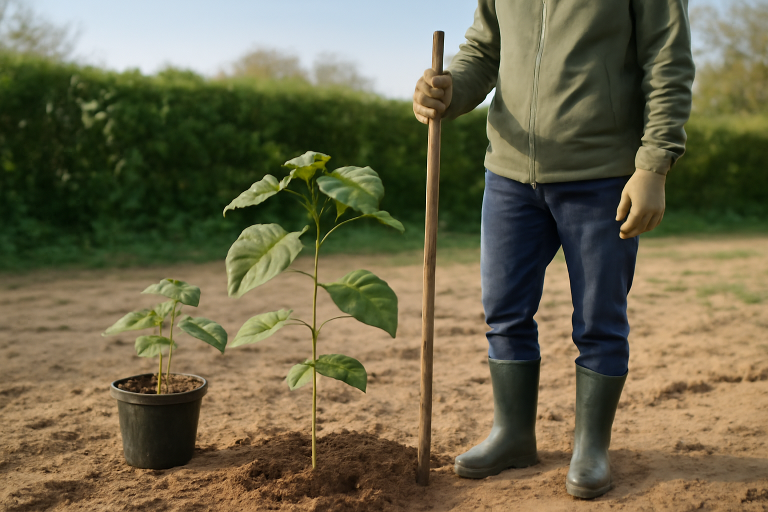 Arbre paulownia jeune planté dans un sol drainant au printemps, au bord d’un jardin breton, avec une personne tenant un tuteur