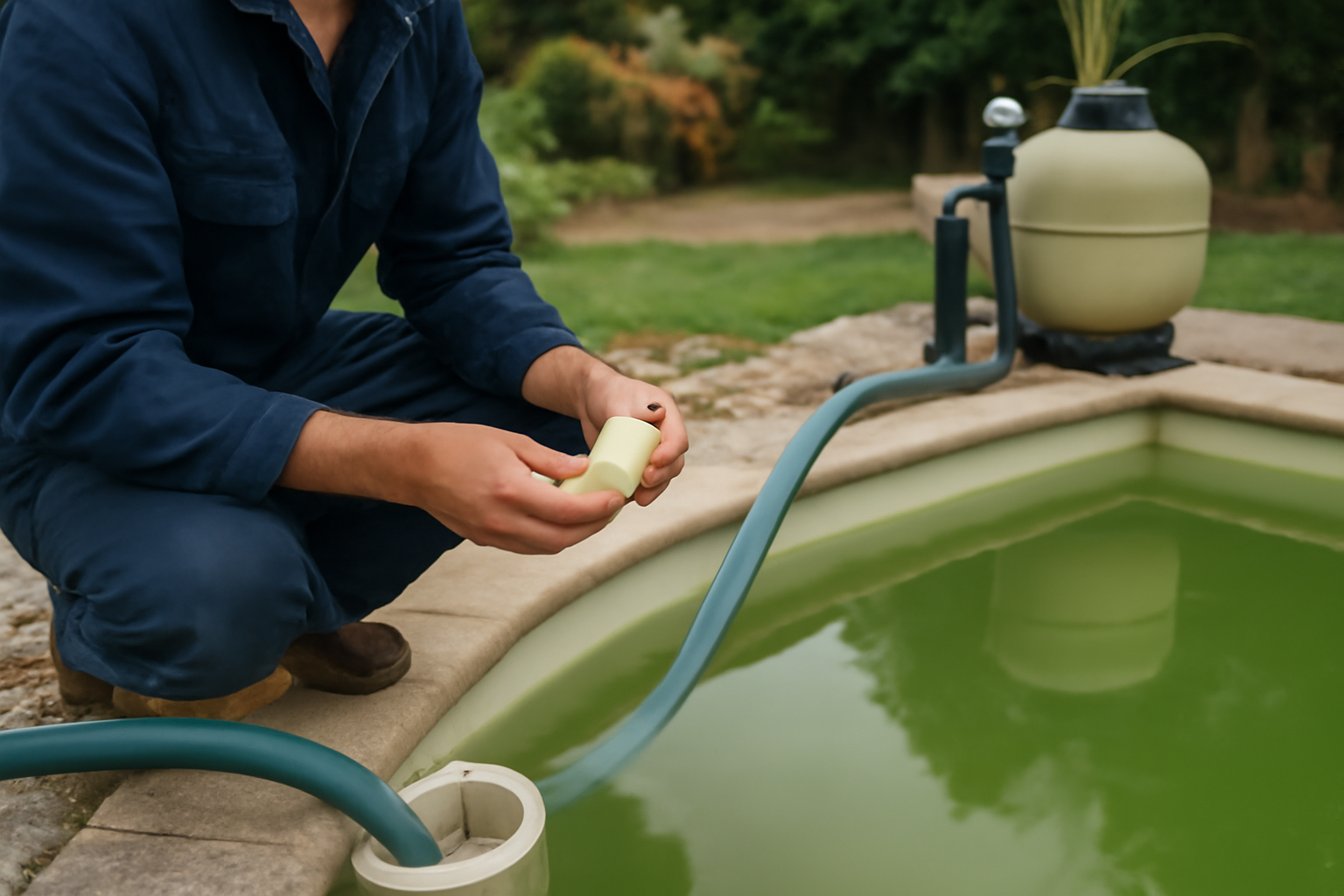 eau de piscine verte remède de grand-mère : tests pH et filtration sur une piscine