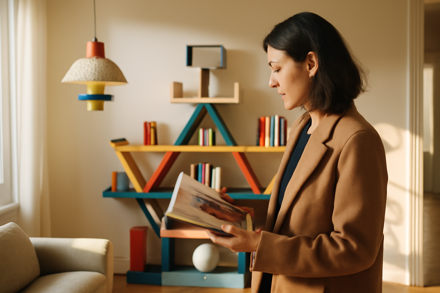 Mobilier inspiré de l’« ettore designer » dans un intérieur lumineux, couleurs franches et formes graphiques
