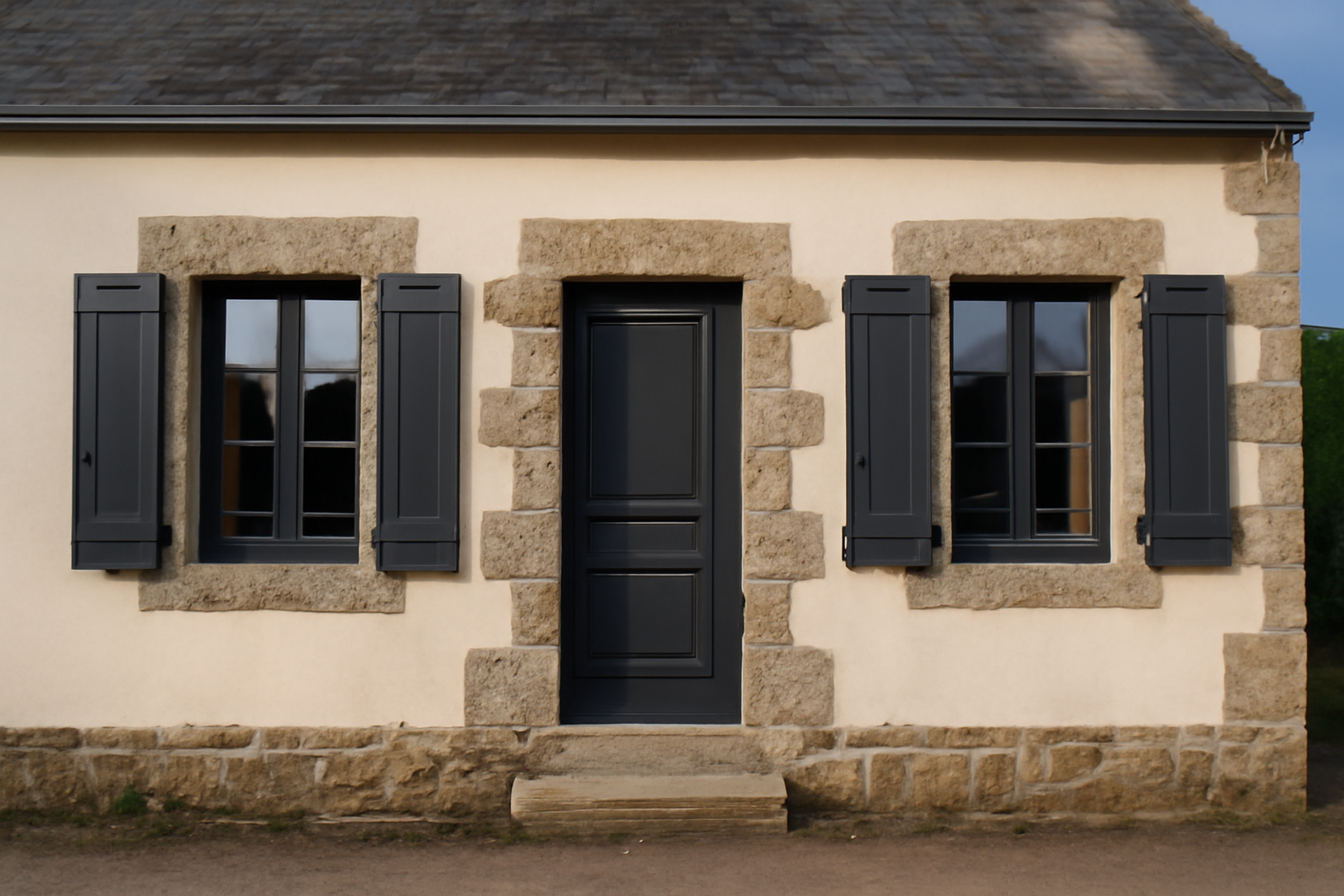 Maison bretonne avec menuiseries gris anthracite et volets sombres sous lumière de jour