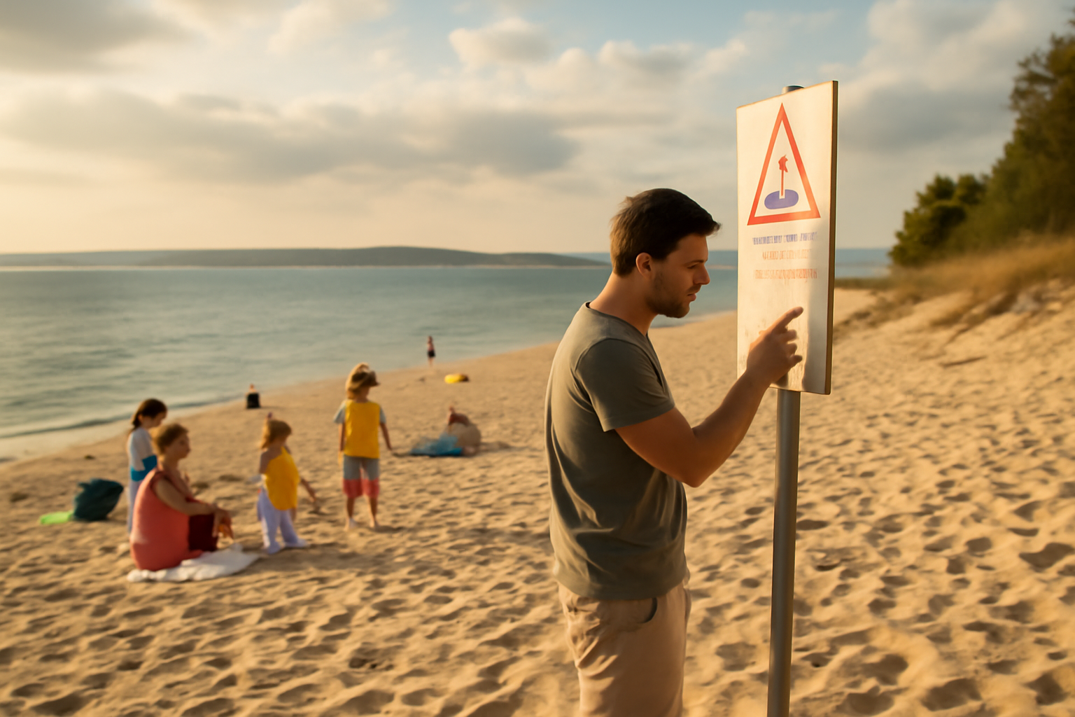 plage arcachon au coucher du soleil, famille et baigneurs sur le sable