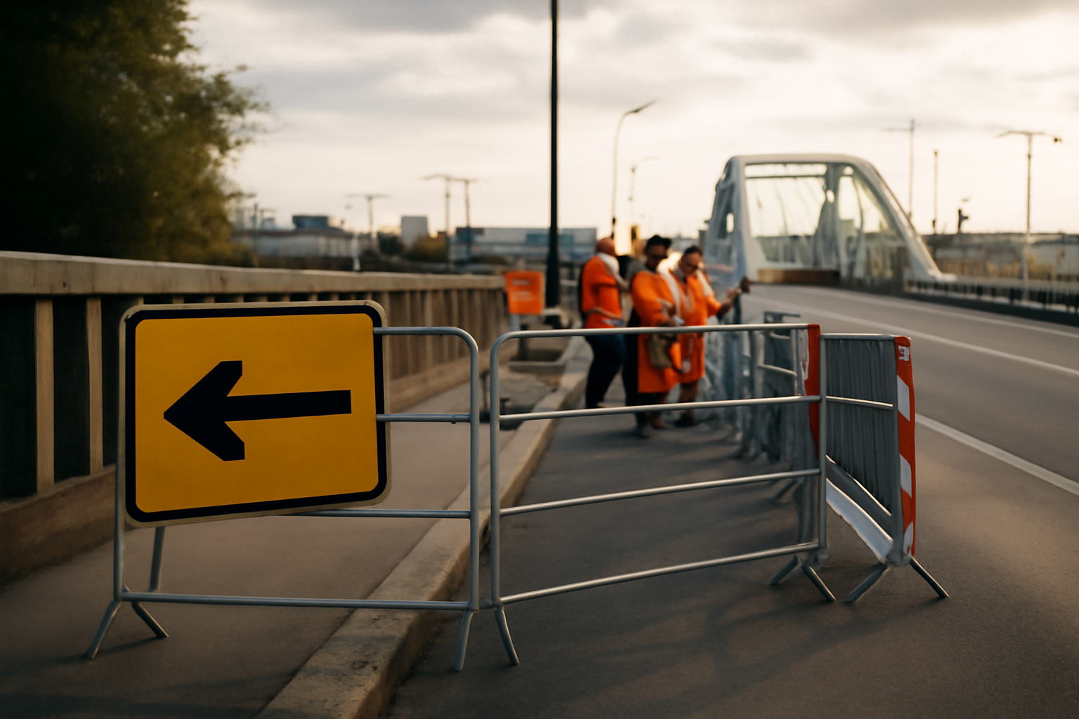 Vue du pont Anne de Bretagne sur la Loire à Nantes pendant les travaux, avec signalisation et barrières de chantier