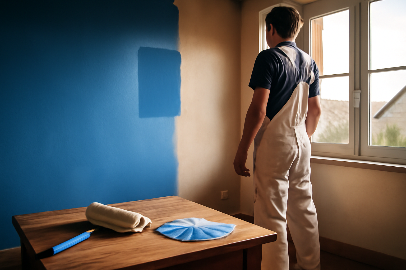Mur bleu electrique maison en intérieur, échantillon de peinture testé près d’une fenêtre bretonne