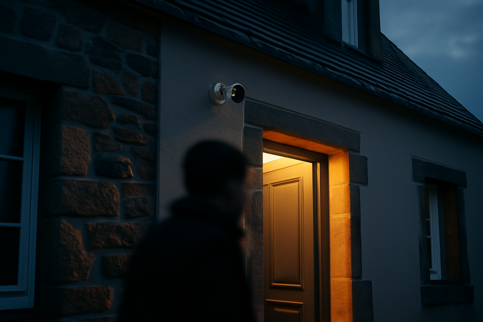 Caméra Reolink vs Arlo : test de détection de personnes et stockage sur une façade bretonne à la tombée de la nuit