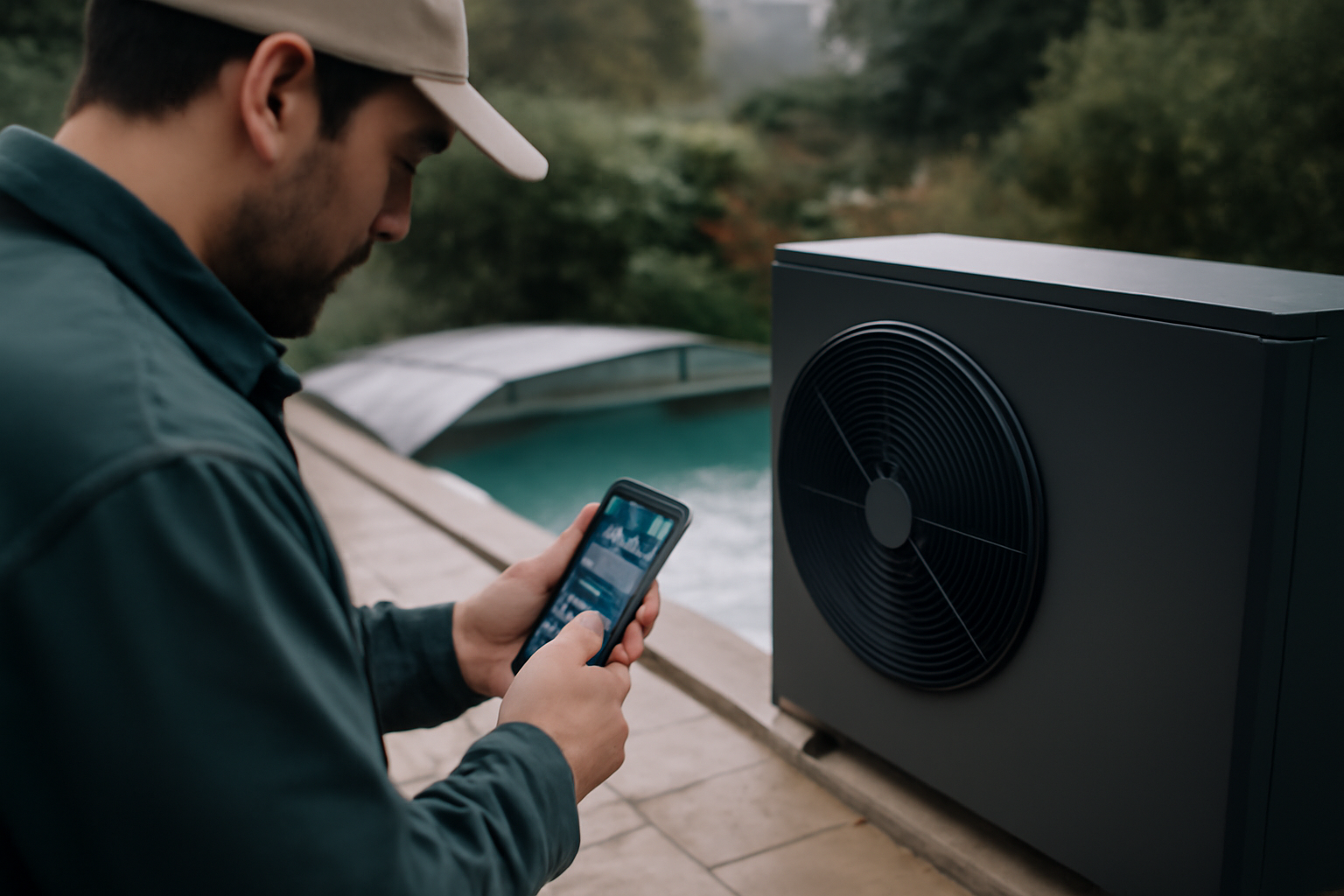 chauffage piscine connecté économie : pilotage sur smartphone au bord d’une piscine