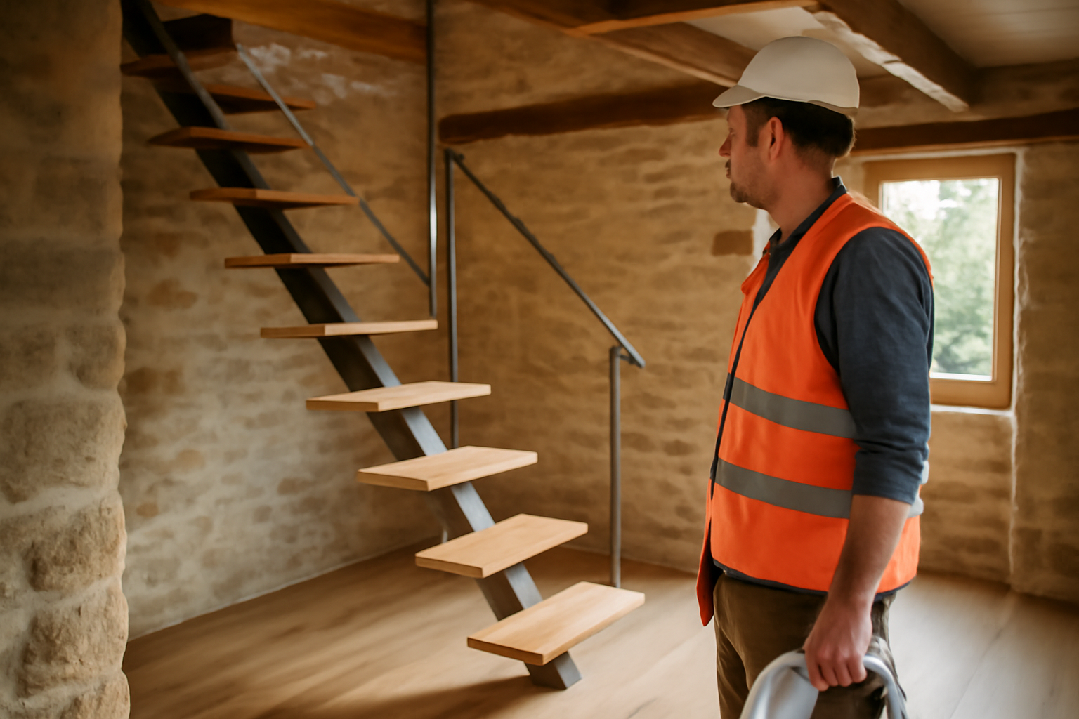 Escalier à pas japonais en bois dans une maison bretonne, lumière naturelle, garde-corps en place