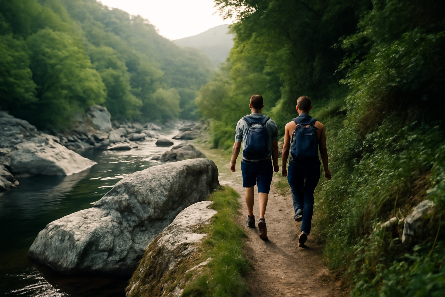 La cance en Ardèche, vallée étroite au bord de l’eau avec sentier de randonnée et rochers granitiques