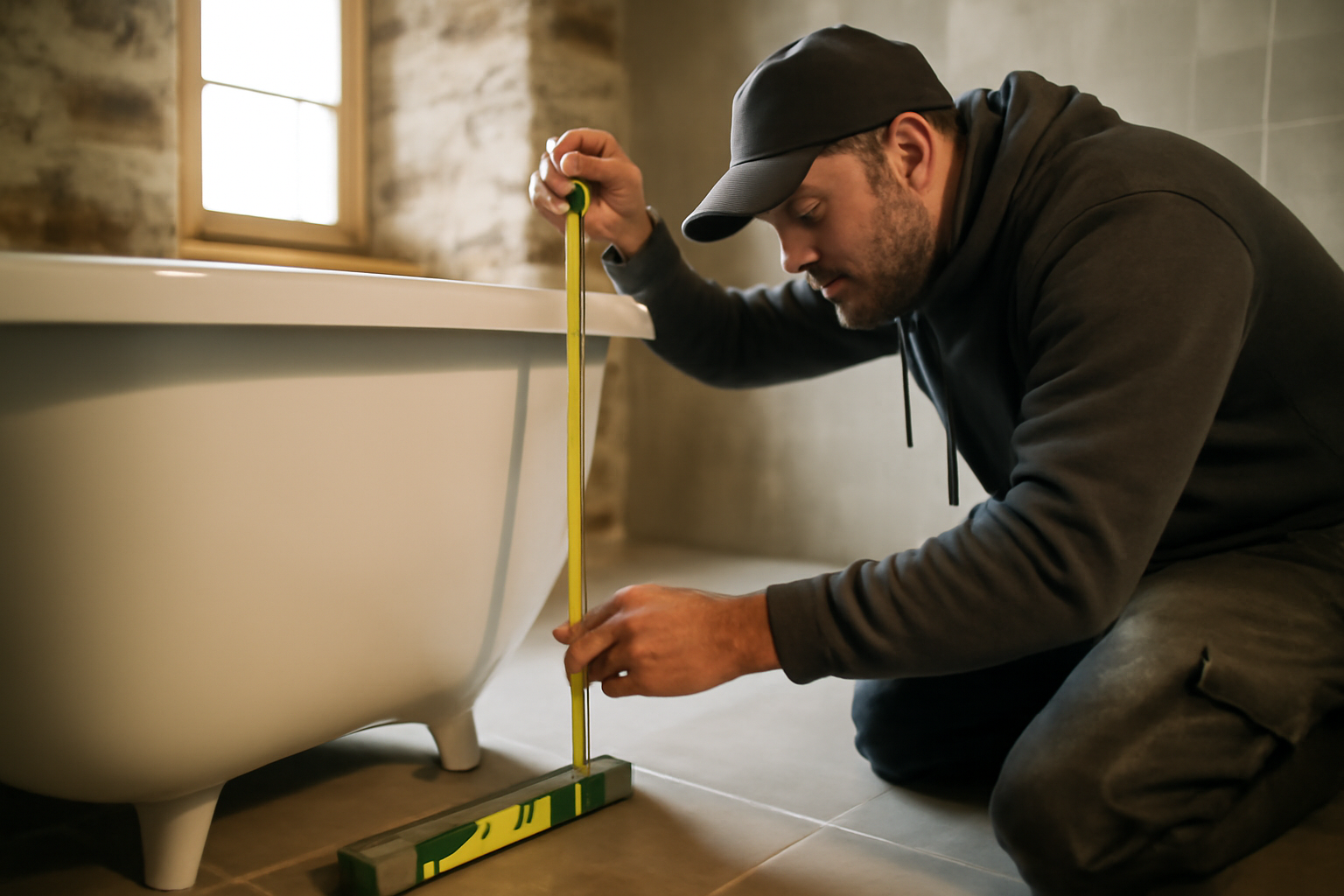 Hauteur baignoire : mesure du sol fini au rebord supérieur dans une salle de bain en Bretagne, avec mètre ruban et niveau à bulle