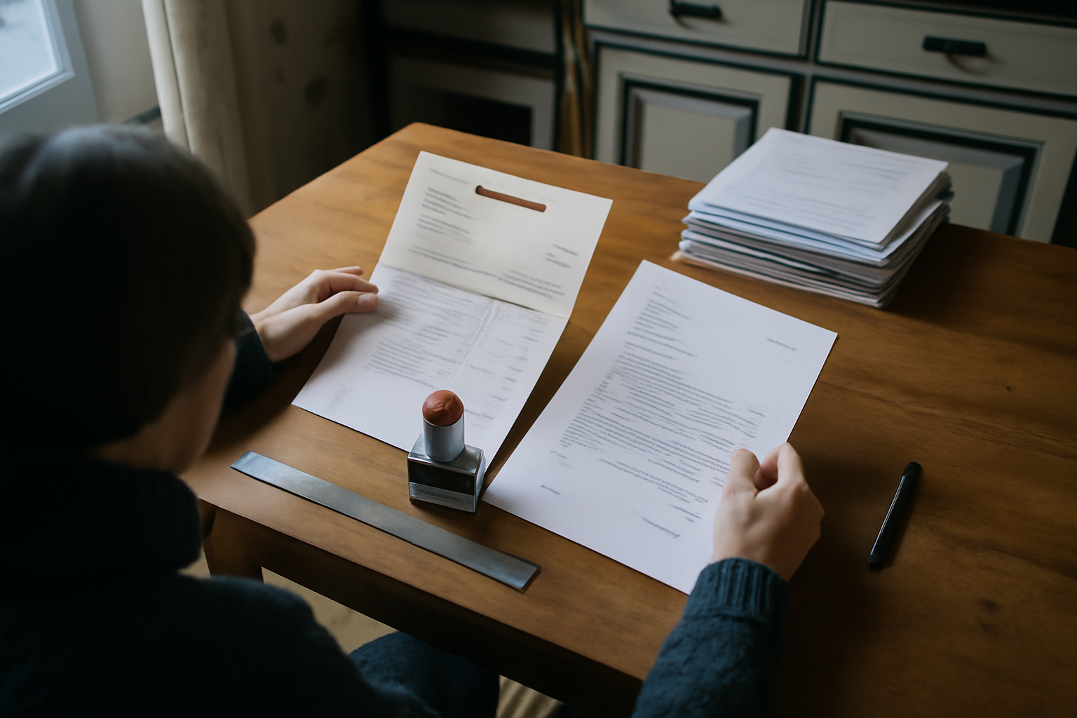 Locataire breton consultant une quittance HLM et un courrier de contestation, table en bois, lumière d’hiver, documents administratifs éparpillés