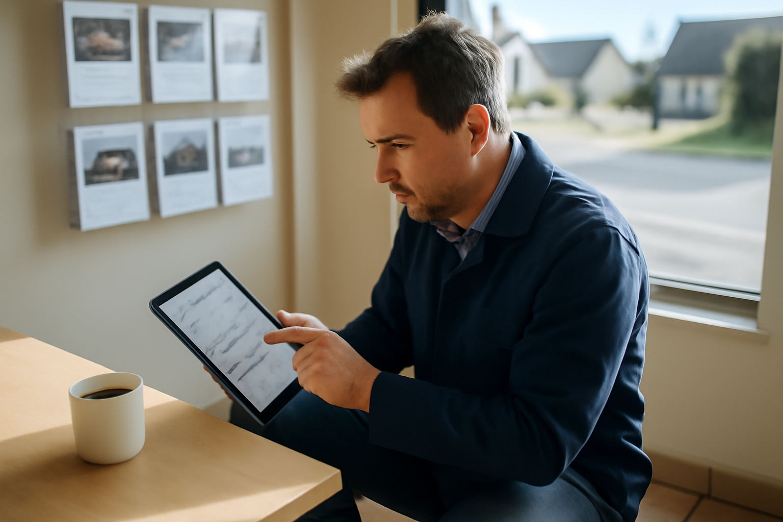 immofacile sur mobile pour suivi terrain d’un mandat immobilier en Bretagne, lumière du matin, agent avec tablette