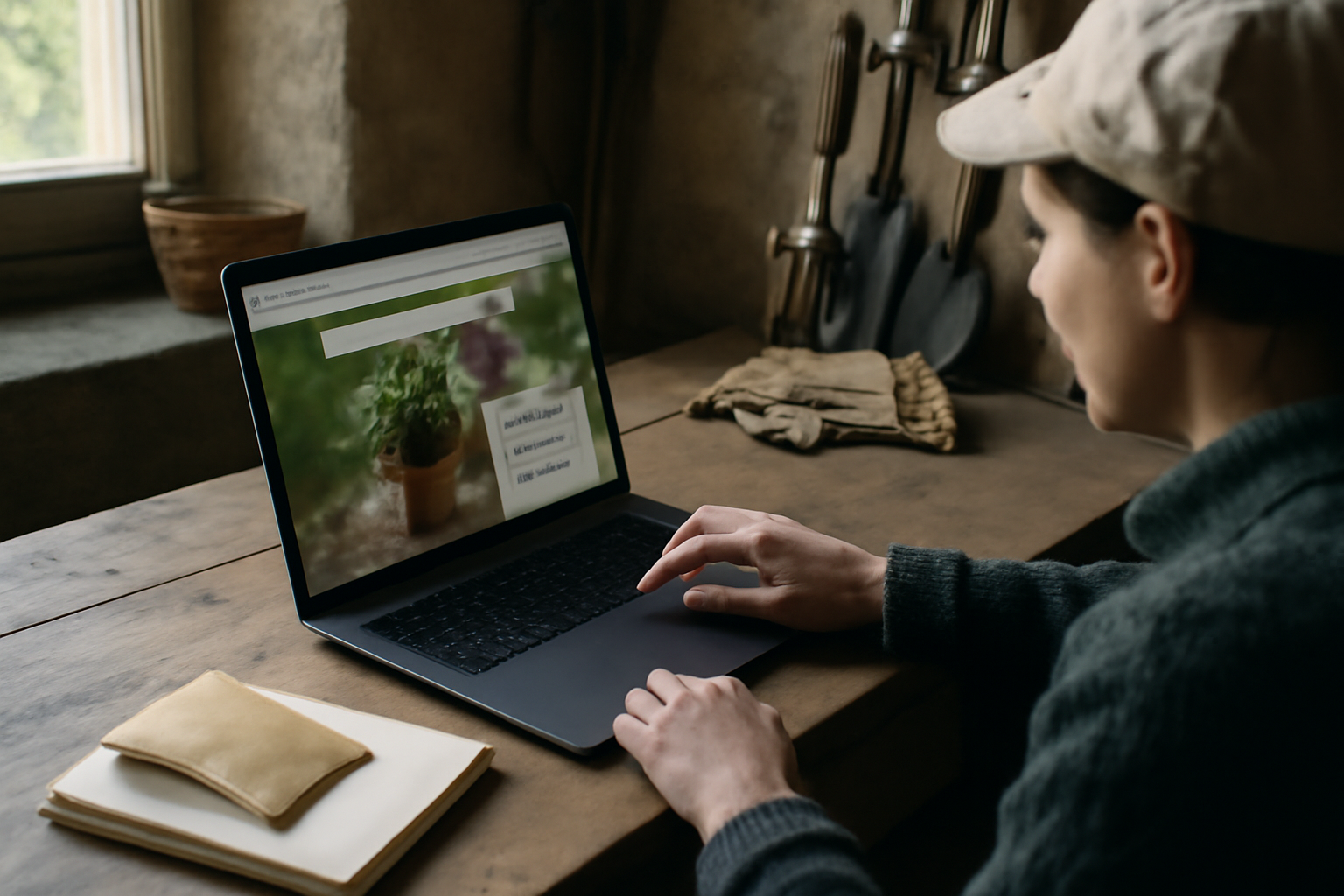 Jardipedia : écran d’ordinateur avec recherche de plante et fiches de jardinage ouvertes dans un atelier