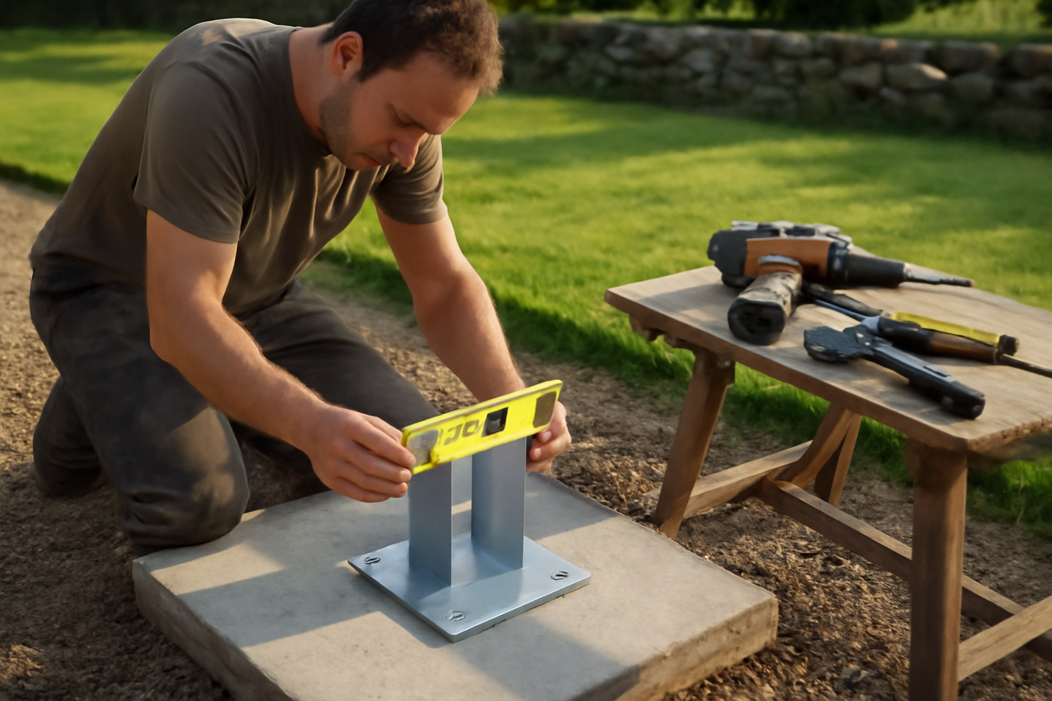 ancrage d’un kiosque de jardin sur dalles et platines avec niveau à bulle