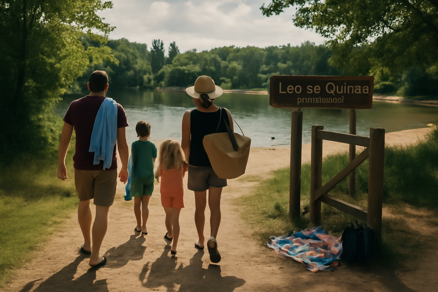 Vue du lac de Gurson à Villefranche-de-Lonchat, famille sur la plage et panneaux d’accès