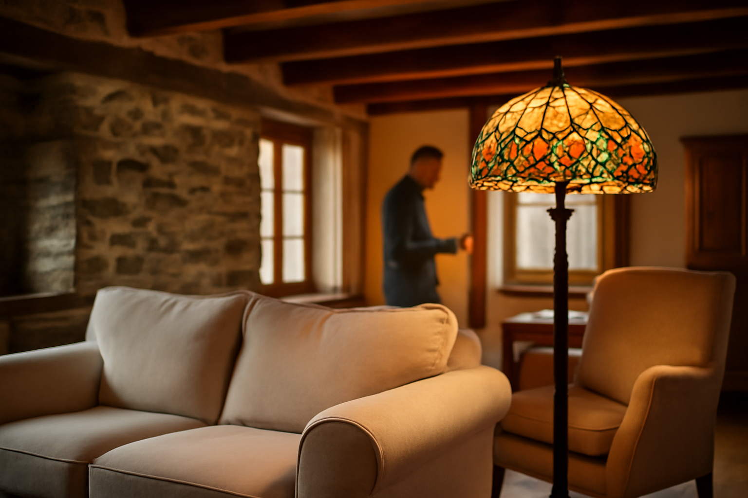 lampadaire tiffany en vitrail coloré sur pied dans un salon breton, lumière chaude