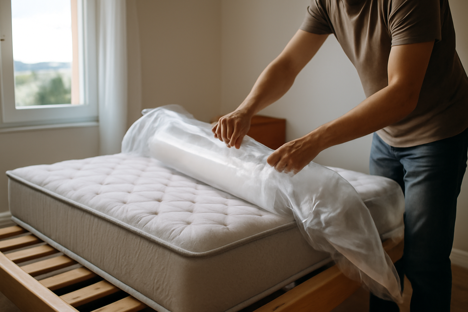 matelas maxcolchon en ligne sur un lit, lumière naturelle dans une chambre