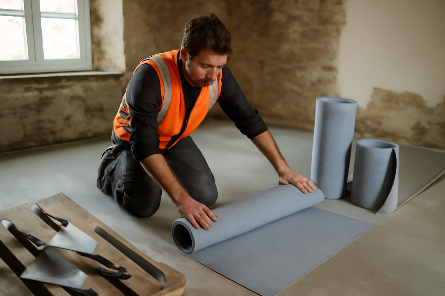 Pose d’une natte de désolidarisation sous carrelage dans une maison bretonne, rouleaux et bandes de raccord sur support préparé