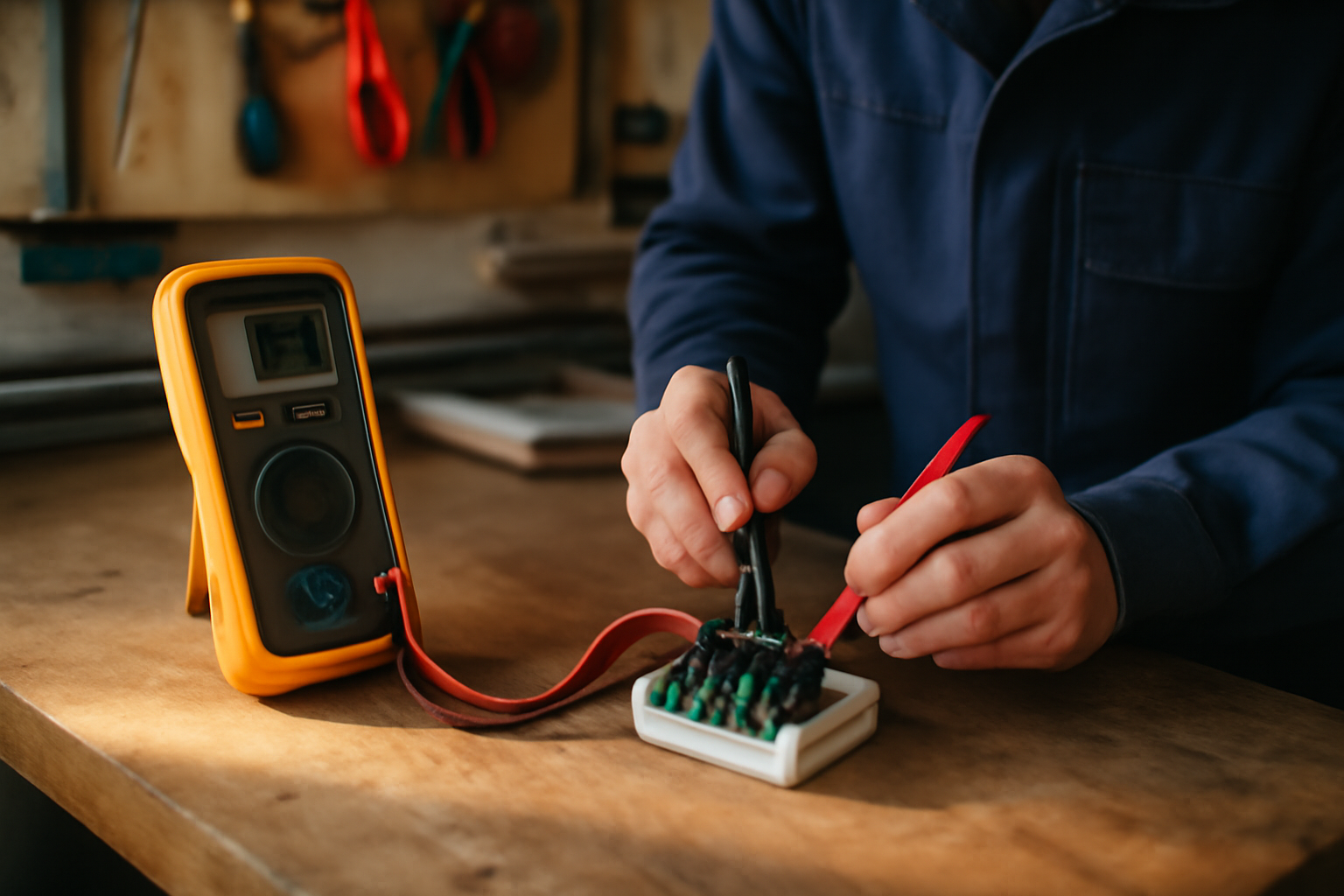 Un ohmmètre posé sur l’établi, pointes de touche sur une platine électrique dans un atelier