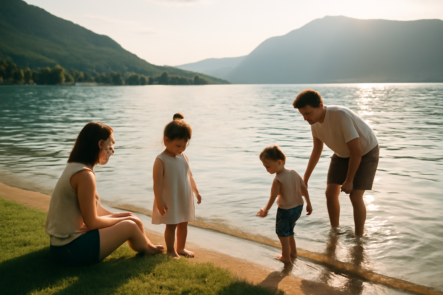 Plage de la brune à Veyrier-du-Lac au bord du lac d’Annecy, herbe et accès progressif dans l’eau