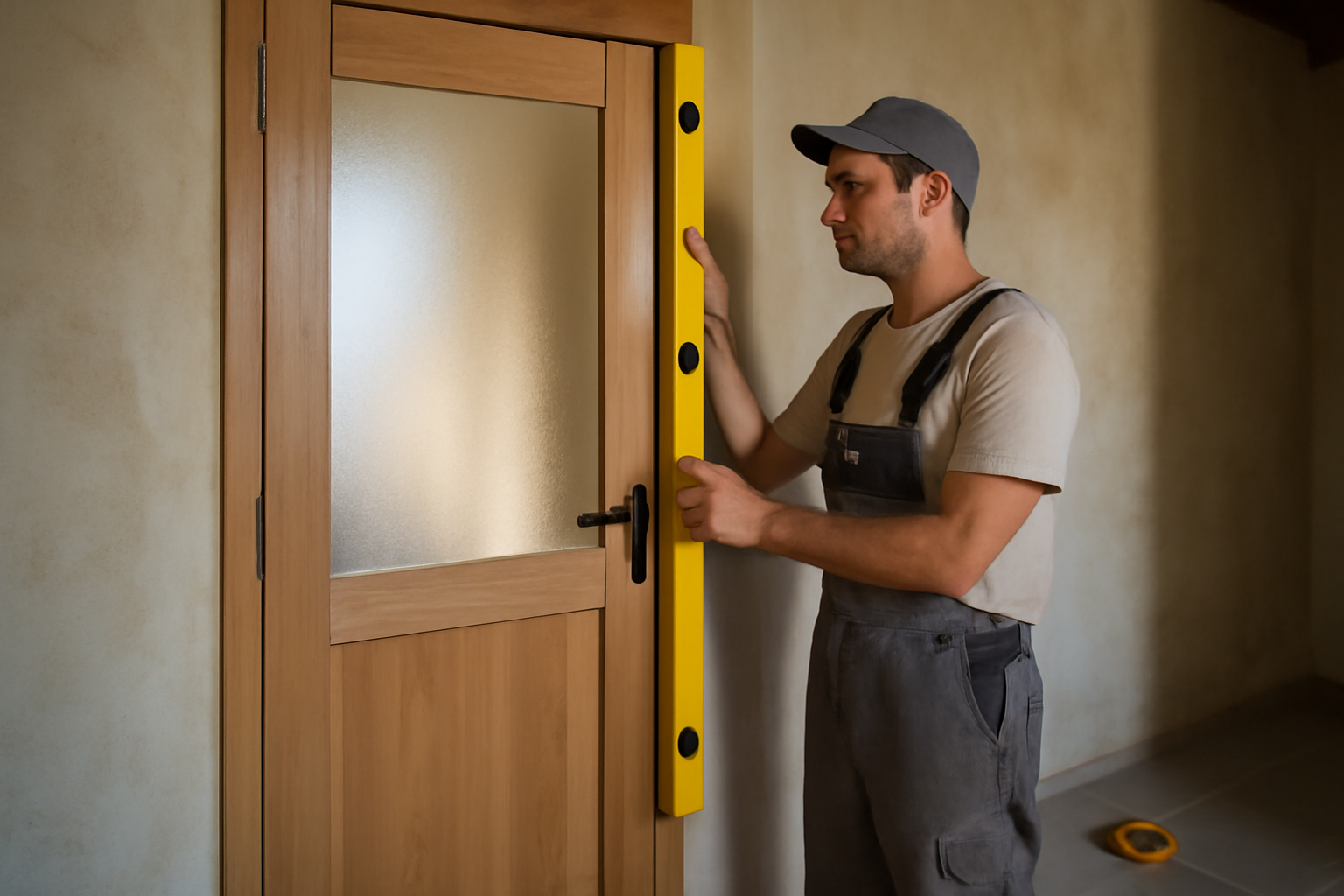 Porte intérieure vitrée battante en bois avec vitrage clair dans une maison bretonne, poseur vérifiant le niveau