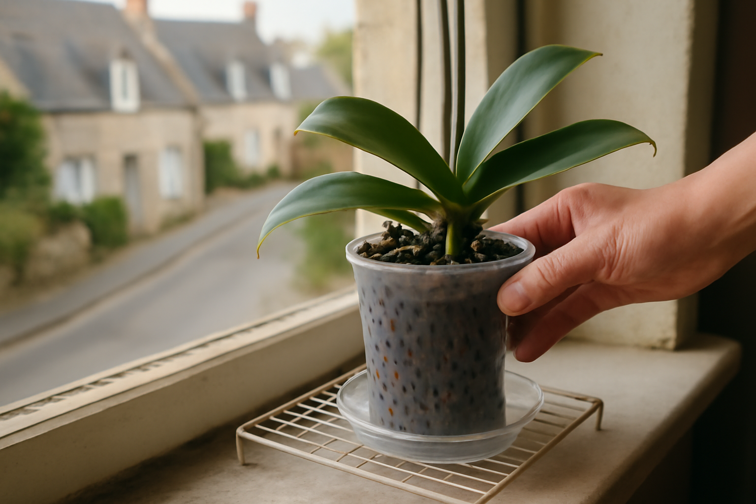 Pot orchidée transparent perforé sur une table près d’une fenêtre, substrat drainant et soucoupe vide, lumière naturelle