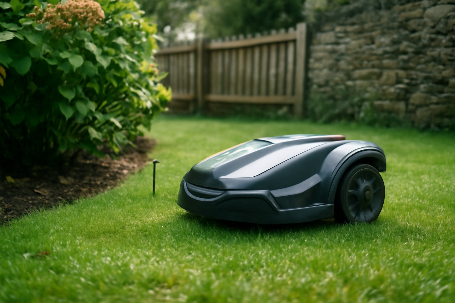 robot tondeuse sans fil périphérique avis : robot de tonte sur pelouse bretonne avec repères de délimitation