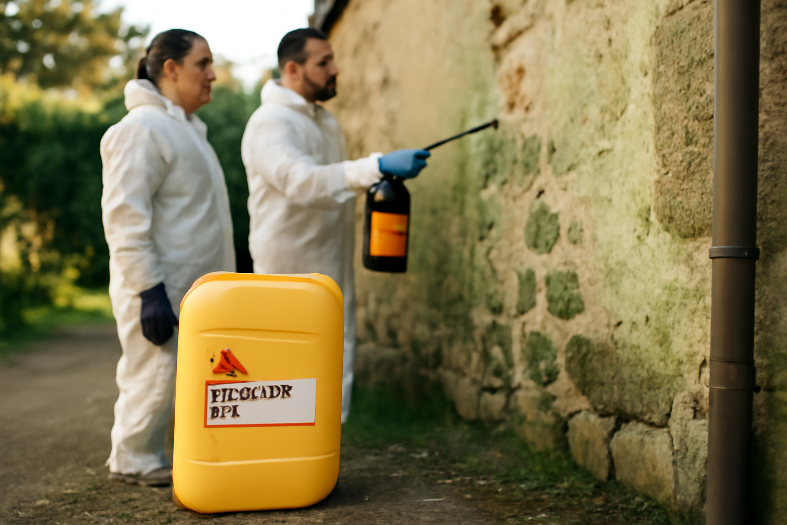 Bidon de sikagard 127 20 L sur une façade de maison bretonne humide avec dépôts verts, sous lumière de fin d’après-midi, équipe en tenue de protection