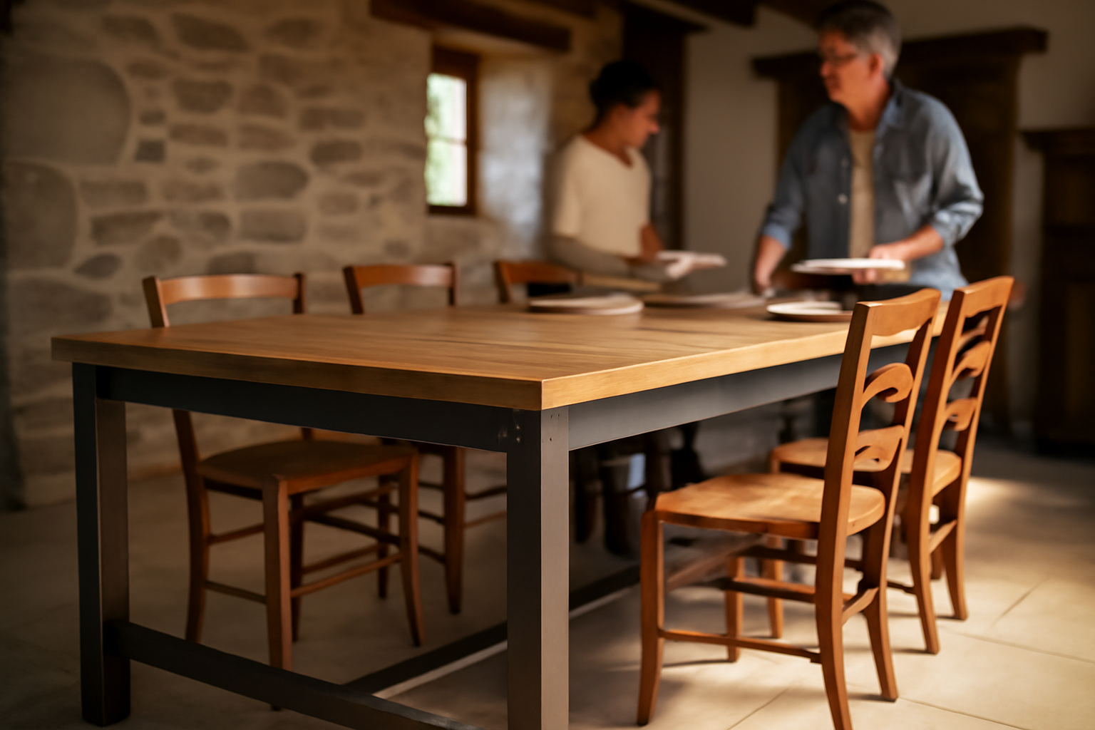 table en metal et bois style industriel en salle à manger bretonne