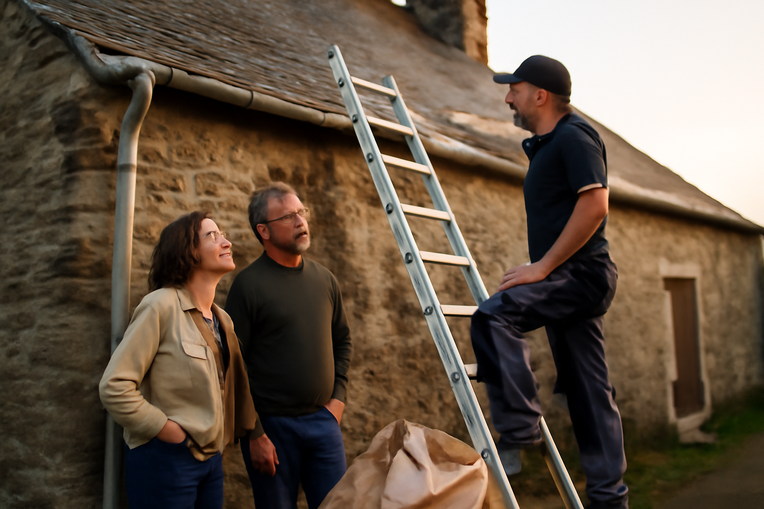 Toiture commune sans copropriété : deux propriétaires devant un toit partagé avec traces d'humidité et couvreur en Bretagne