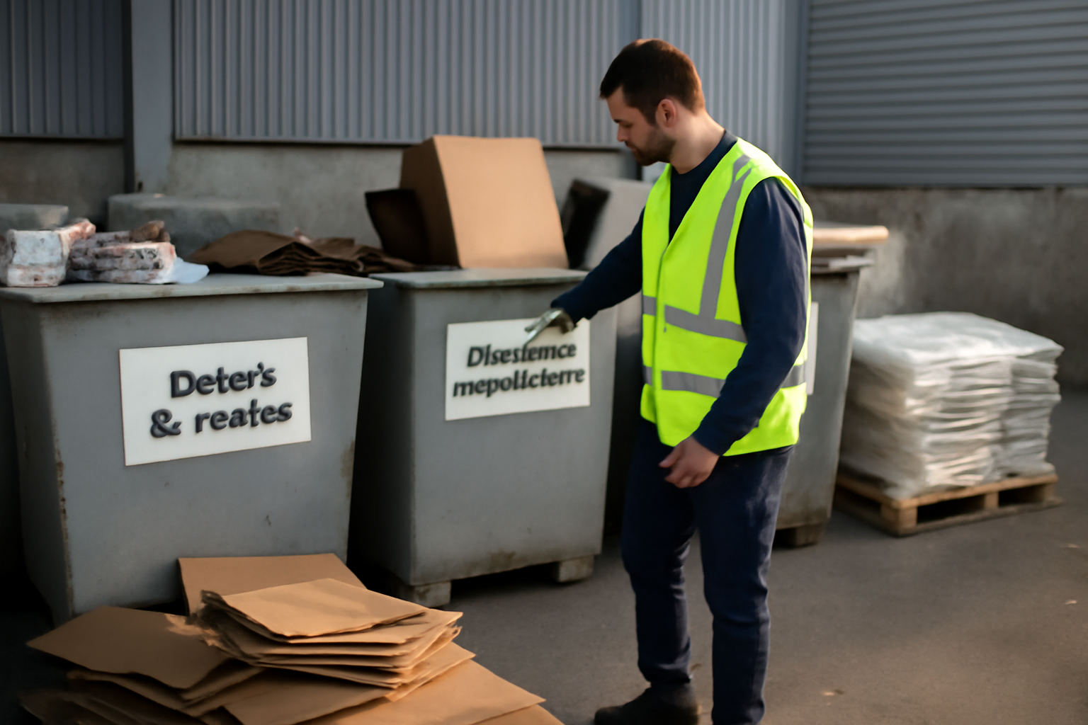 Agent de tri dans un centre de collecte en France, bacs de déchets du bâtiment et cartons d’ameublement, lumière de fin d’après-midi