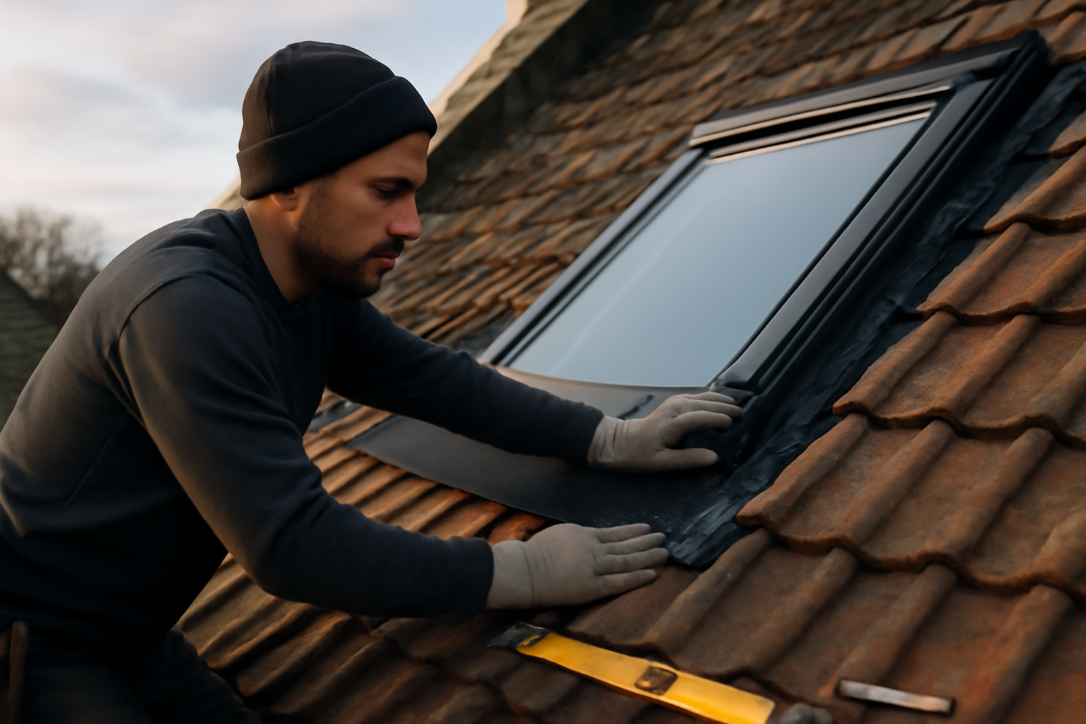 Velux 78x98 installé sur une toiture bretonne, pose en cours avec raccord d’étanchéité et ouvrier en gants