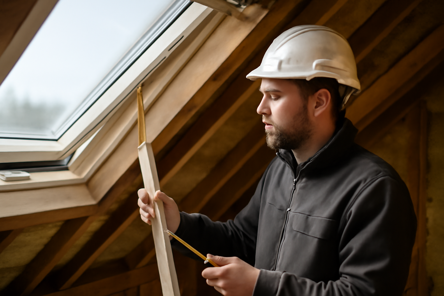 Velux dimensions : mesure sur une fenêtre de toit VELUX et lecture de la plaque d'identification, chantier en combles
