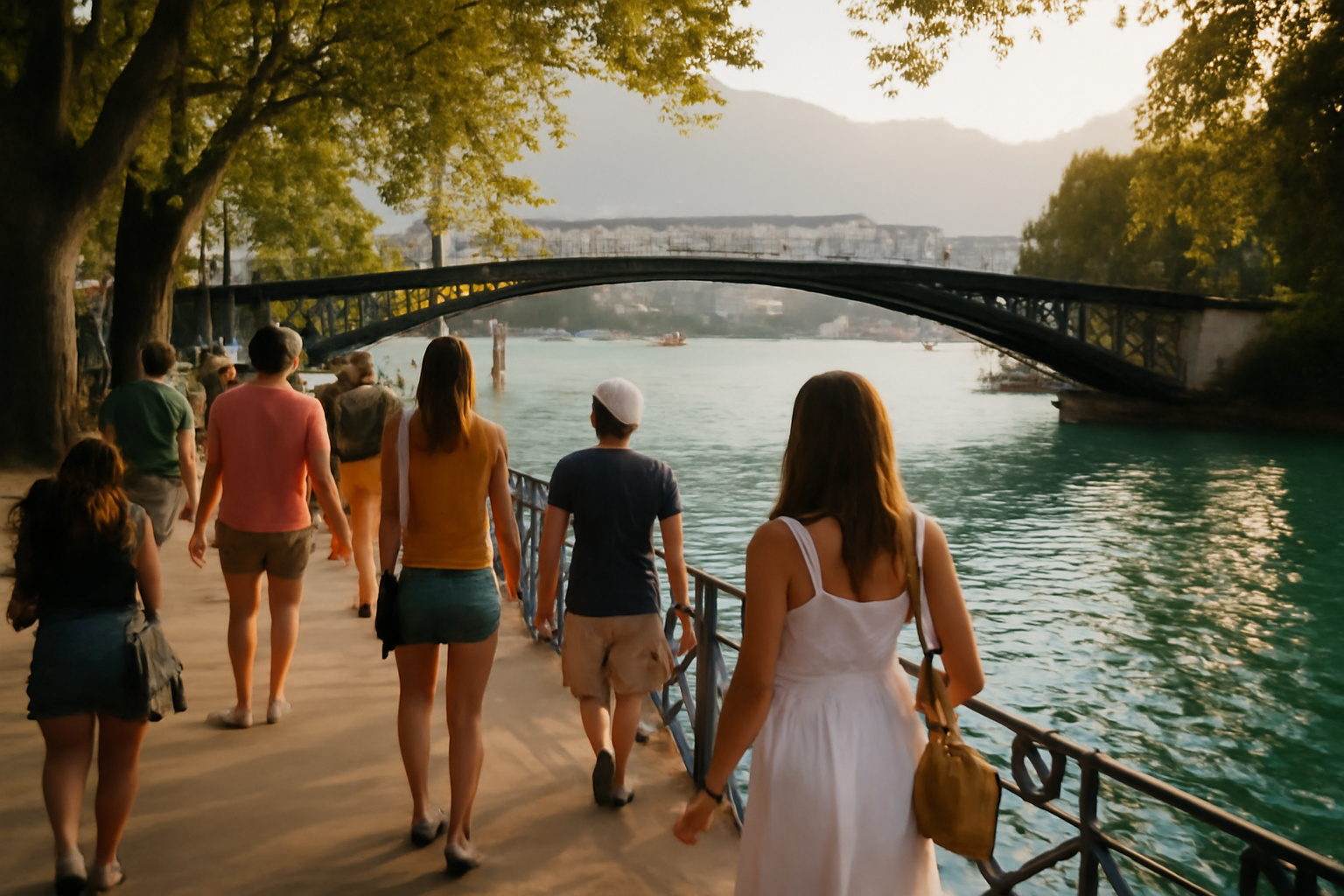 visiter Annecy sur les rives du lac avec le Pont des Amours au premier plan, lumière de fin d’après-midi