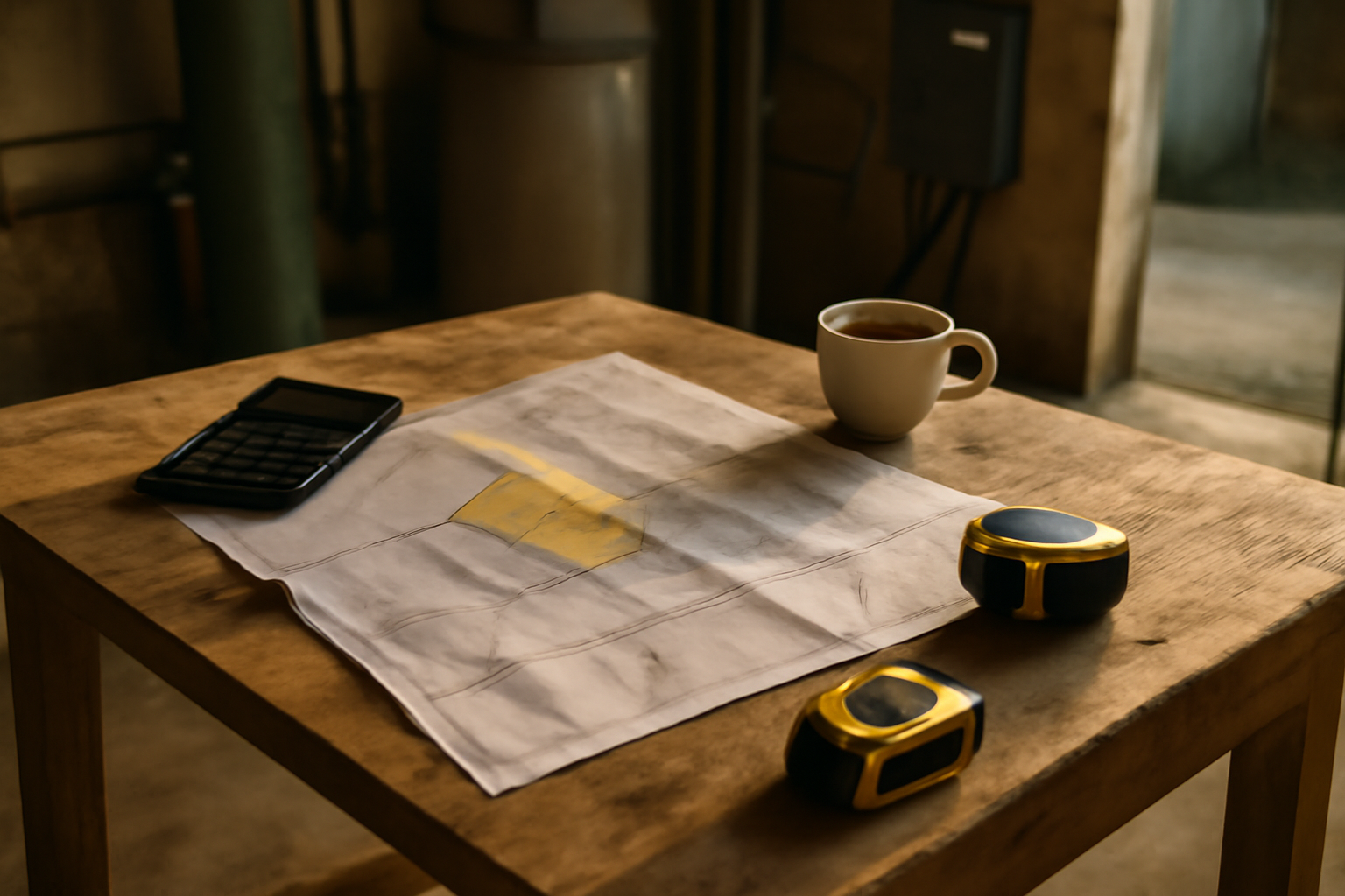 Conversion 1 hectare en m2 sur une table de chantier : plan cadastral et calculatrice