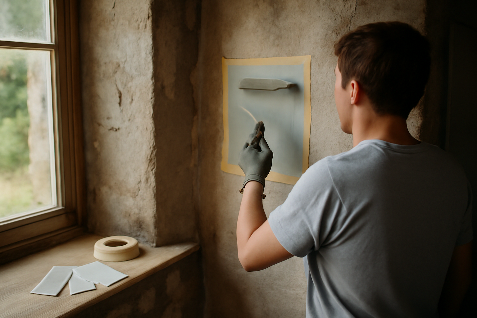 Peinture RAL 7035 gris clair sur un mur intérieur en Bretagne, échantillons et rouleau de peinture à la lumière du jour