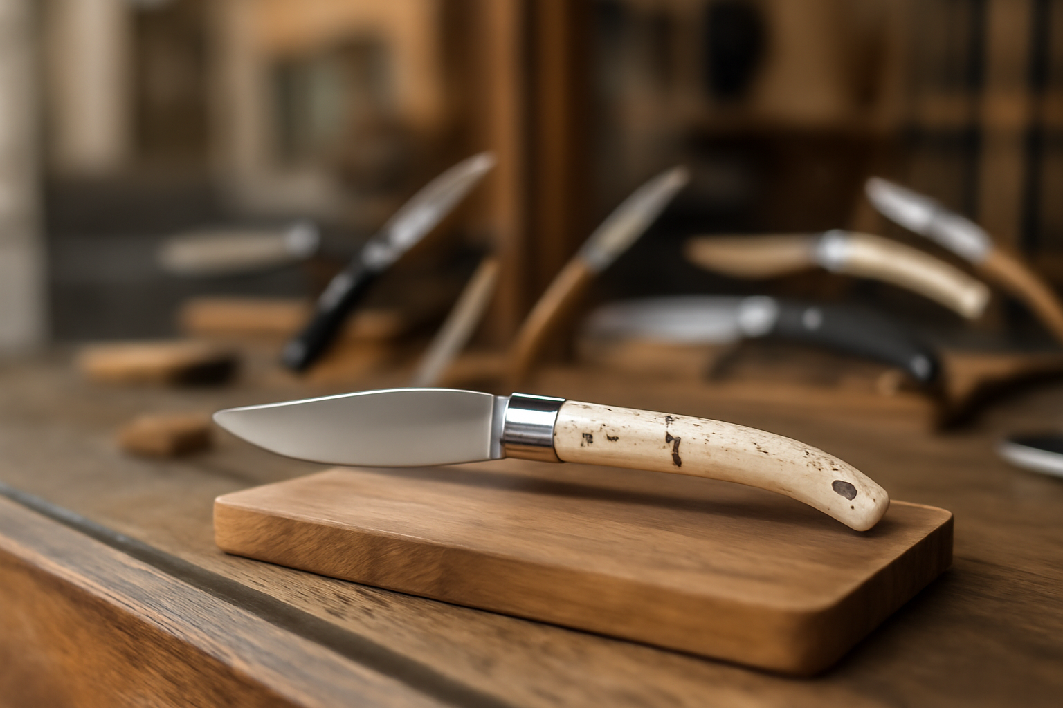 couteau Nontron en vitrine de coutellerie à Nontron, lame ouverte sur fond bois