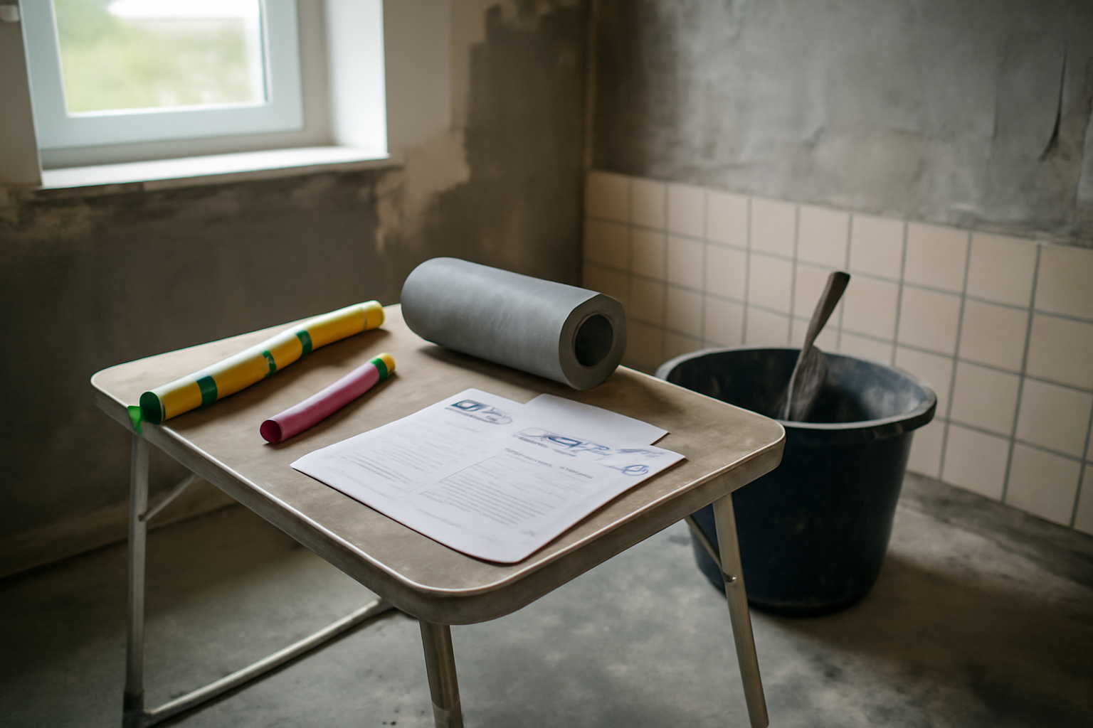Outils de chantier et documentation Ardex pour étanchéité sur une table près d’une zone douche carrelée