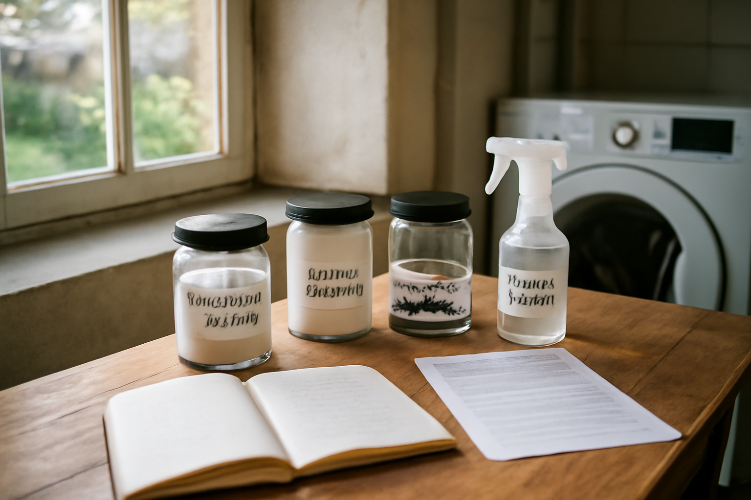 Pots de borax et étiquette de sécurité sur une table de buanderie, lumière naturelle