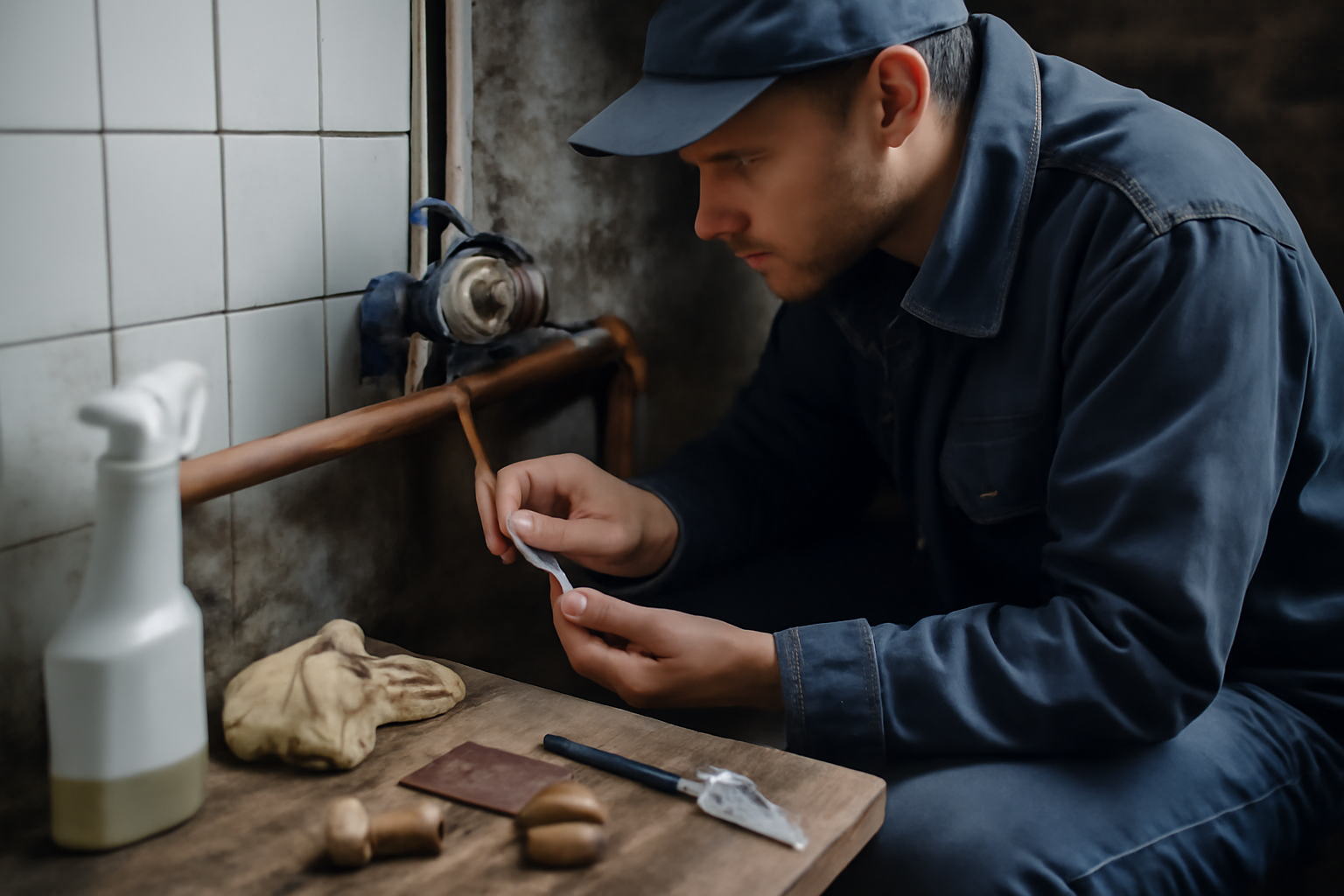 Boucher trou robinet autoperceur sur tuyau cuivre avec bouchon et raccord, outils de plomberie sur établi