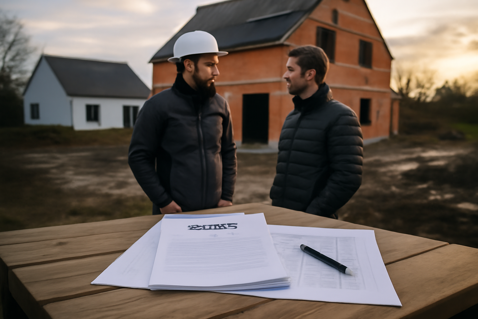Chantier breton avec un contrat CCMI et plans de maison sur une table en bois