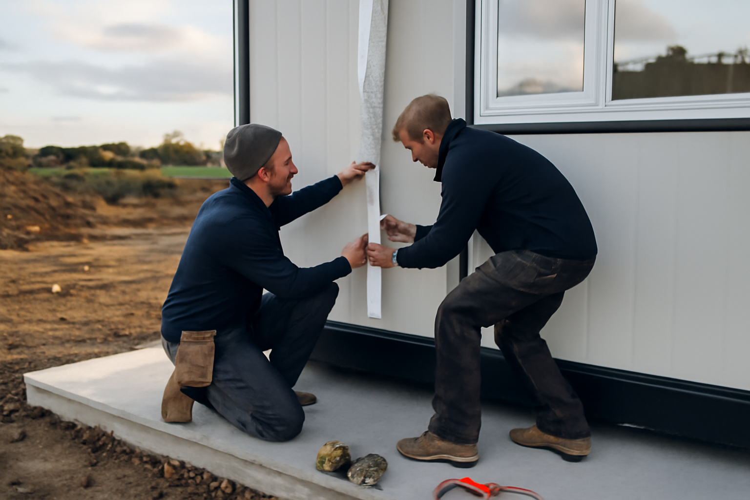 Conteneur aménagé sur un chantier breton, équipe vérifiant l’étanchéité et la ventilation, lumière de fin de journée