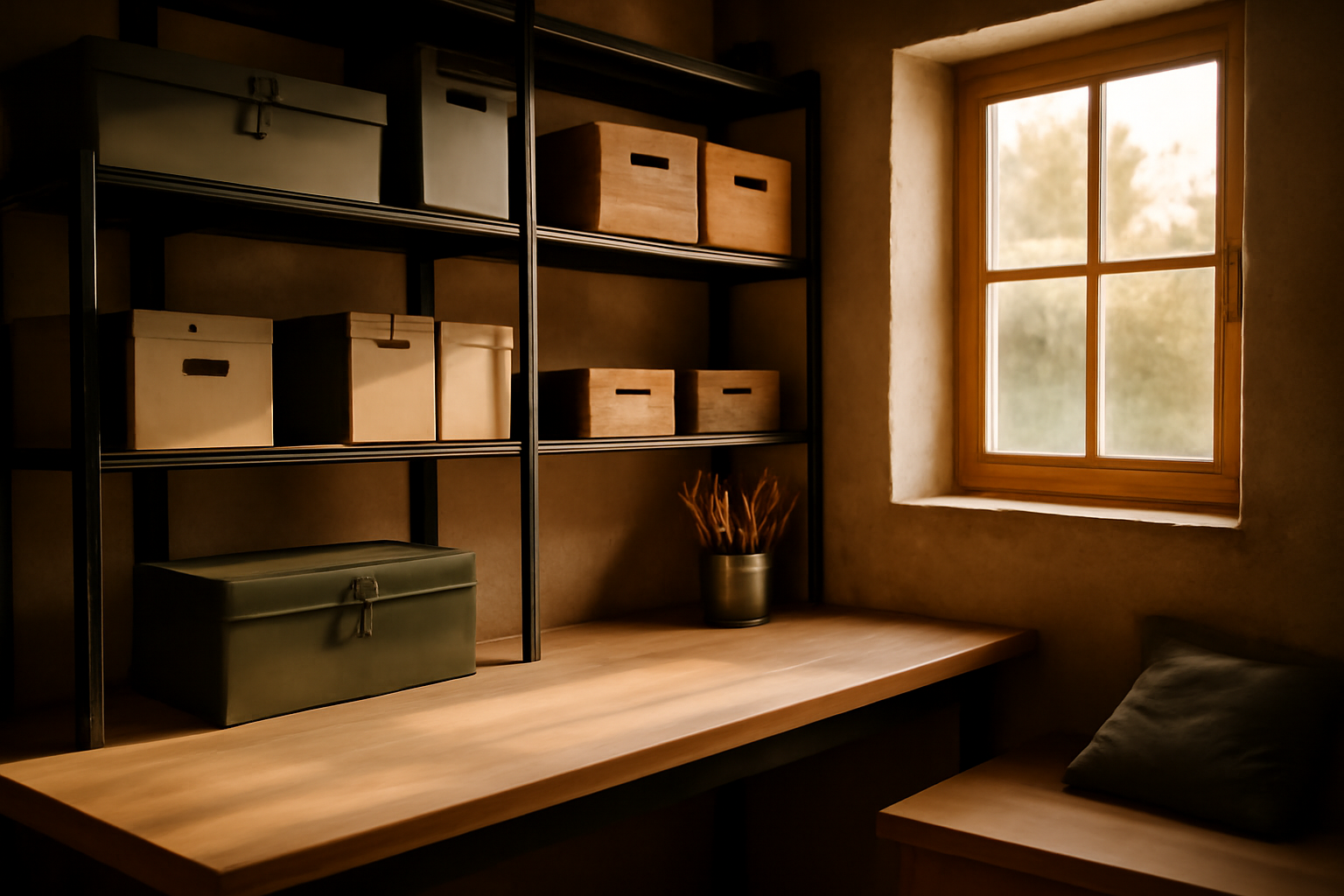 deco atelier dans un atelier rénové, plan de travail en bois, étagères métalliques, lumière chaude, touches kaki