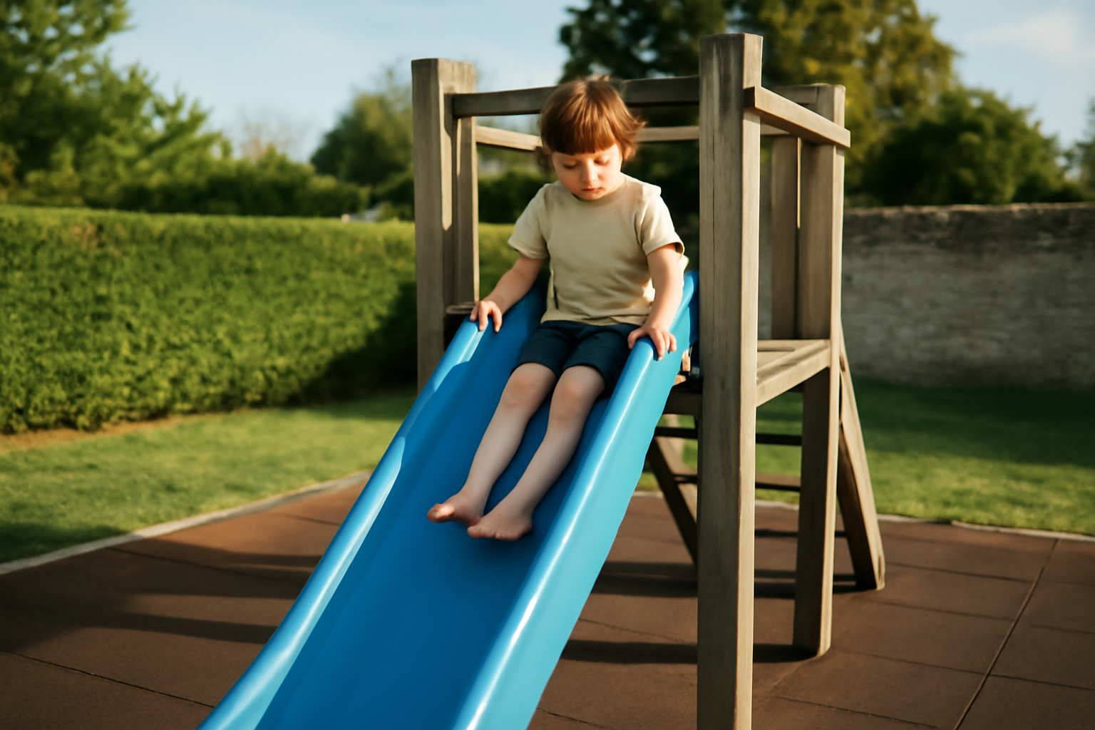 glissiere toboggan extérieure fixée sur une plateforme en bois, aire de jeux au jardin, lumière du matin