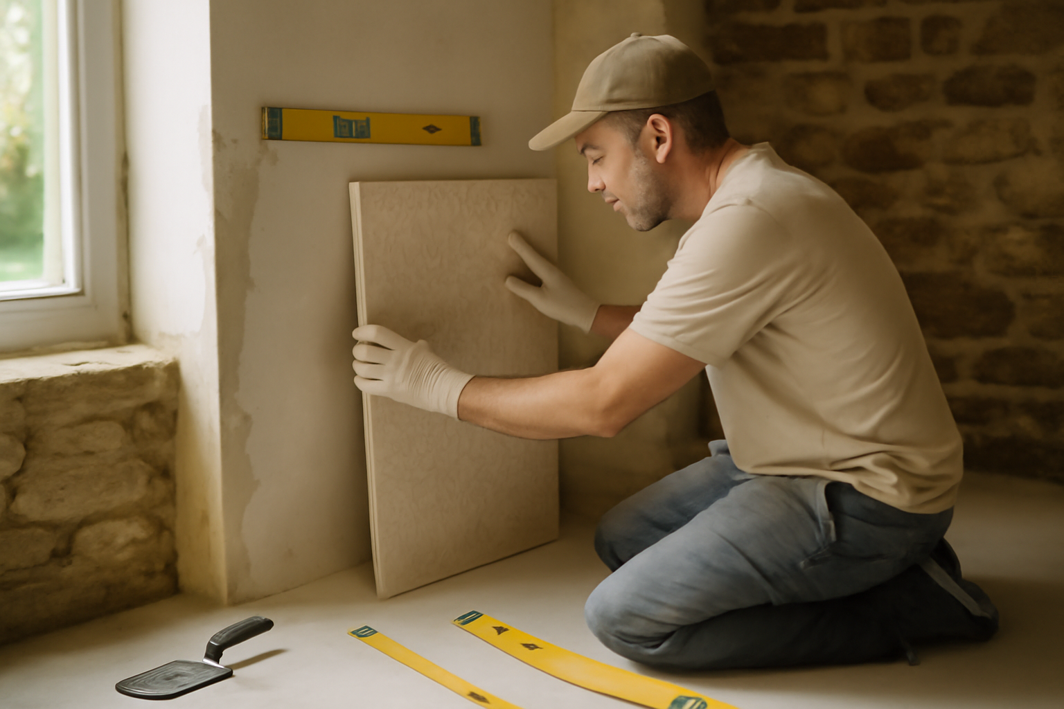 Habillage mur intérieur : pose d’un panneau décoratif sur un mur préparé dans une maison bretonne