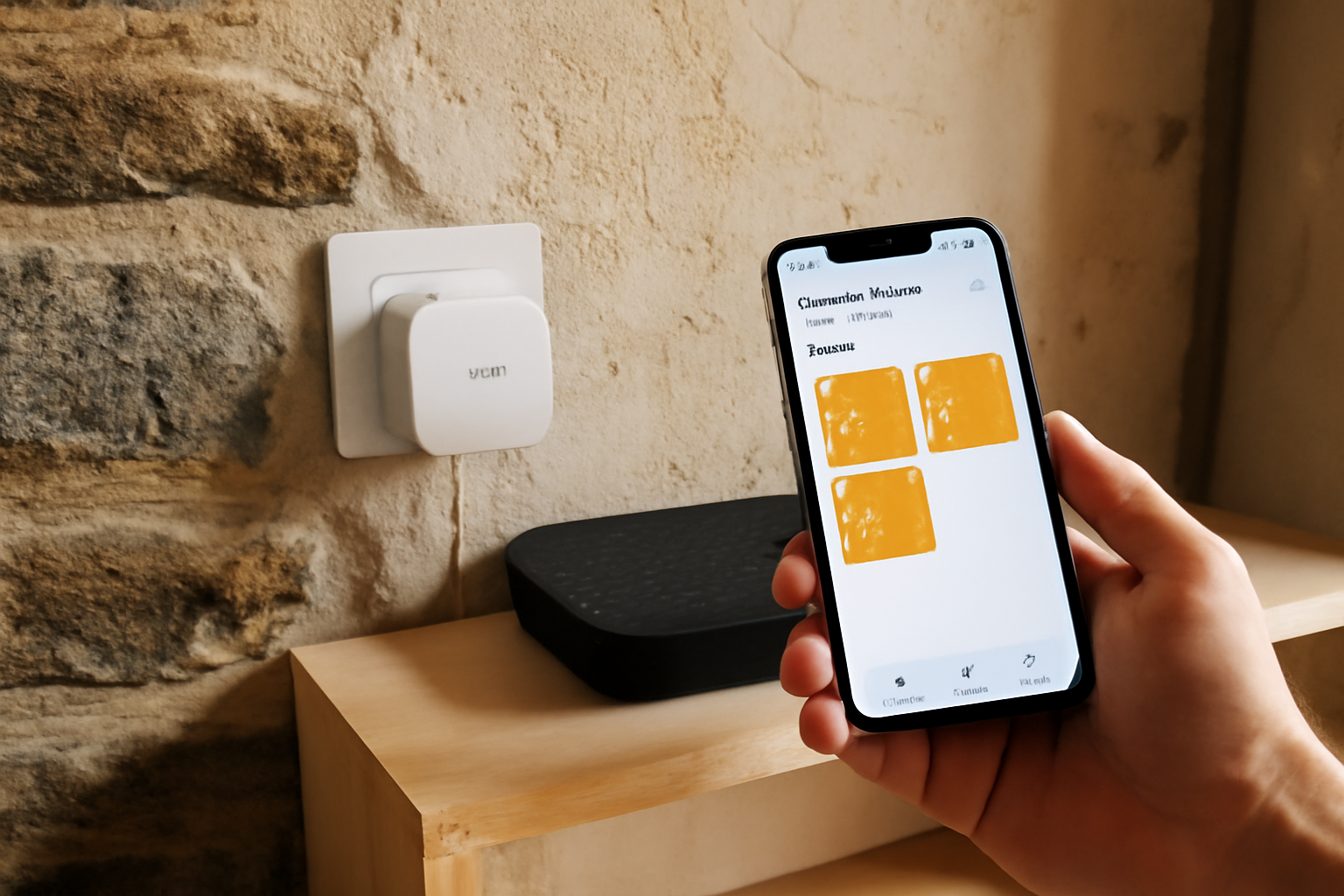Module iDiamant Bubendorff branché près d’une box Wi‑Fi dans une maison bretonne, vue réaliste