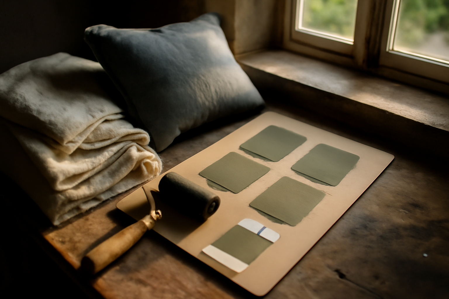 kaki couleur appliqué sur un mur intérieur mat, échantillons de peinture et textiles écru sur une table, lumière naturelle de fin d’après-midi