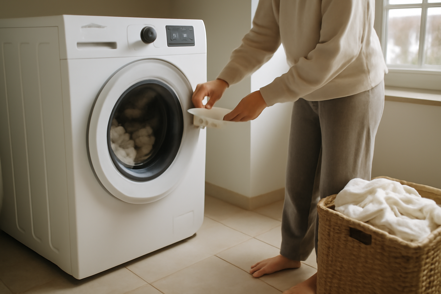 lave linge hisense en buanderie bretonne, hublot ouvert, panier de linge et lumière du matin